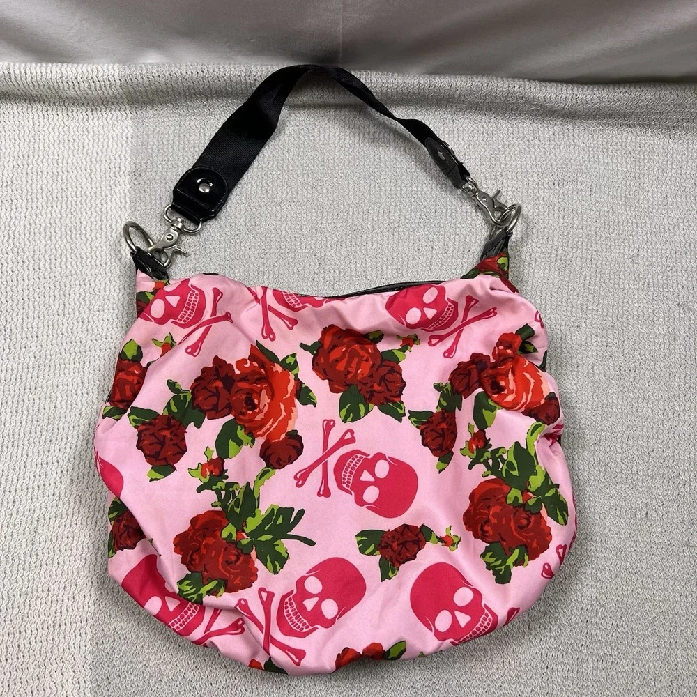 Betseyville Pink Skull Rose Print Hobo Shoulder Bag Studded Accents Y2K Emo Goth